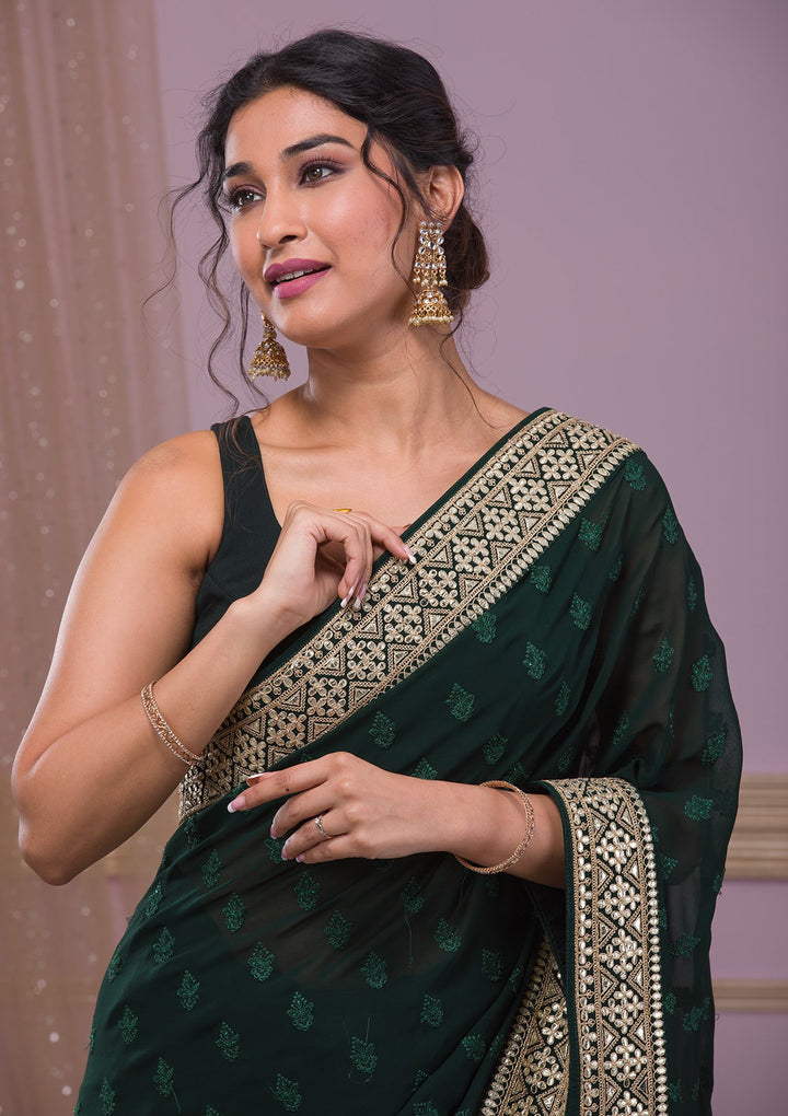 Bottle Green Gotapatti Georgette Saree-Koskii