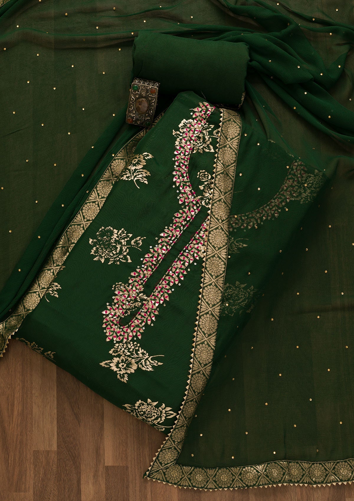 Bottle Green Gotapatti Organza Unstitched Salwar Kameez-Koskii