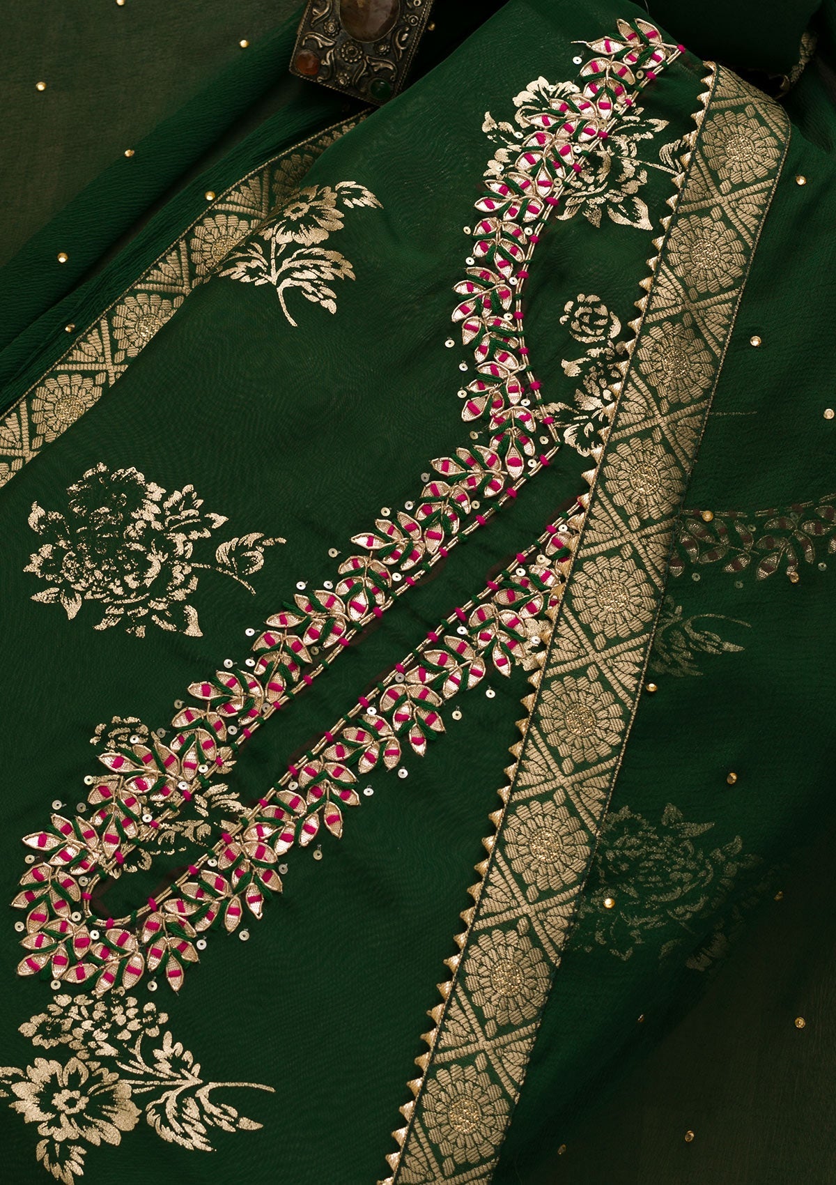 Bottle Green Gotapatti Organza Unstitched Salwar Kameez-Koskii