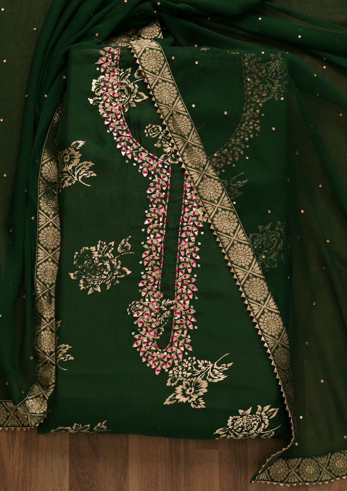 Bottle Green Gotapatti Organza Unstitched Salwar Kameez-Koskii
