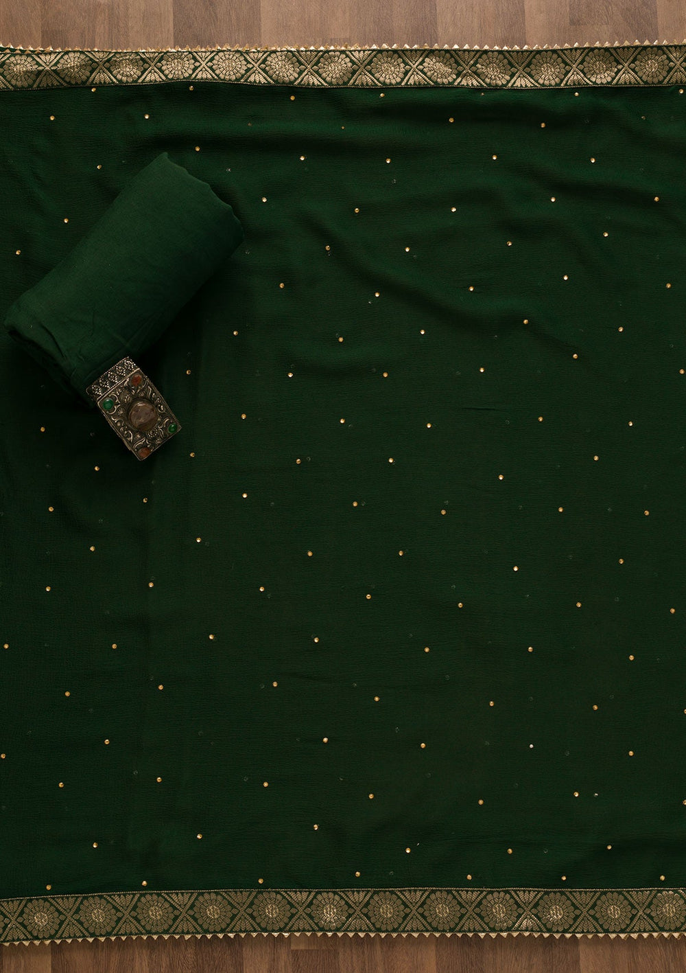 Bottle Green Gotapatti Organza Unstitched Salwar Kameez-Koskii