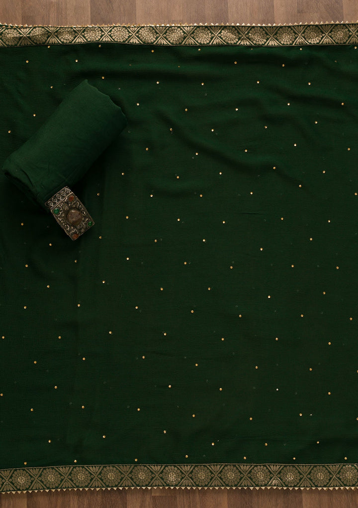 Bottle Green Gotapatti Organza Unstitched Salwar Kameez-Koskii
