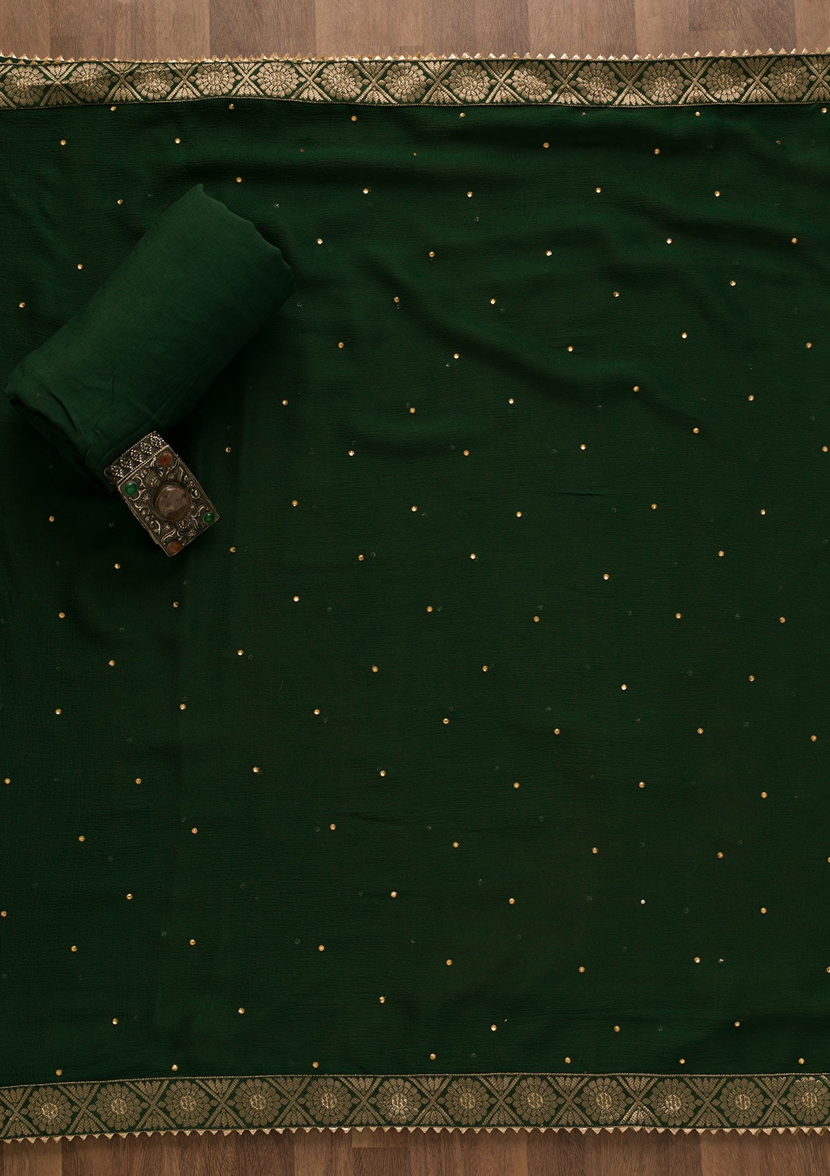 Bottle Green Gotapatti Organza Unstitched Salwar Kameez-Koskii