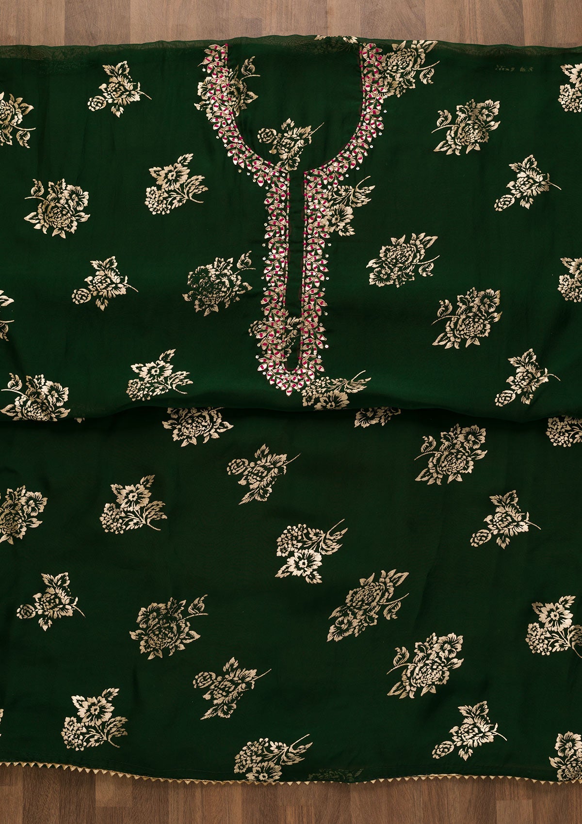 Bottle Green Gotapatti Organza Unstitched Salwar Kameez-Koskii