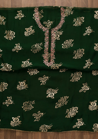 Bottle Green Gotapatti Organza Unstitched Salwar Kameez-Koskii