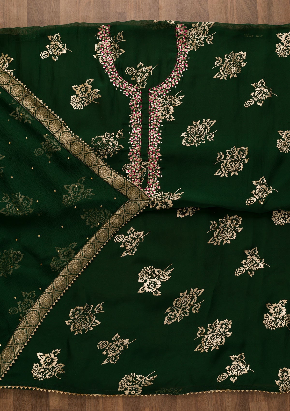 Bottle Green Gotapatti Organza Unstitched Salwar Kameez-Koskii