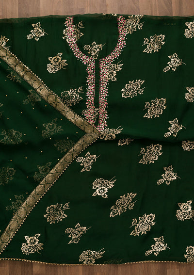 Bottle Green Gotapatti Organza Unstitched Salwar Kameez-Koskii