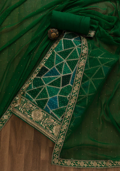 Bottle Green Sequins Semi Crepe Unstitched Salwar Kameez-Koskii
