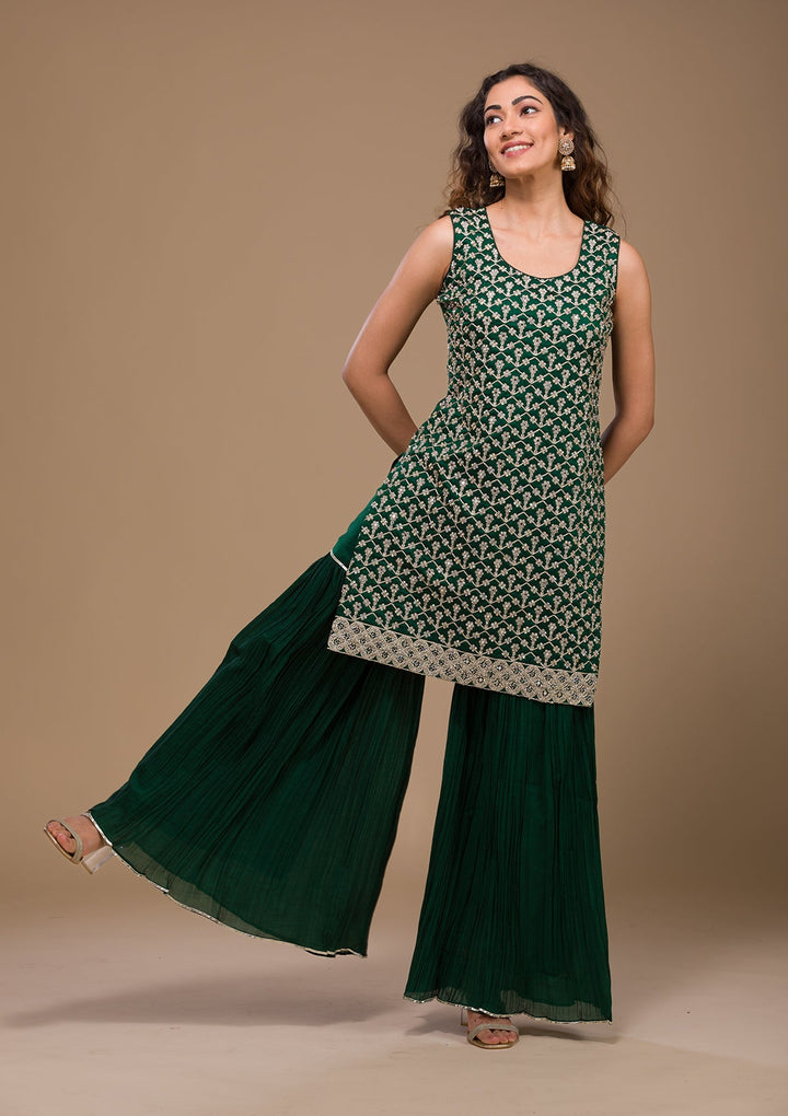 Bottle Green Zariwork Raw Silk Readymade Salwar Kameez-Koskii