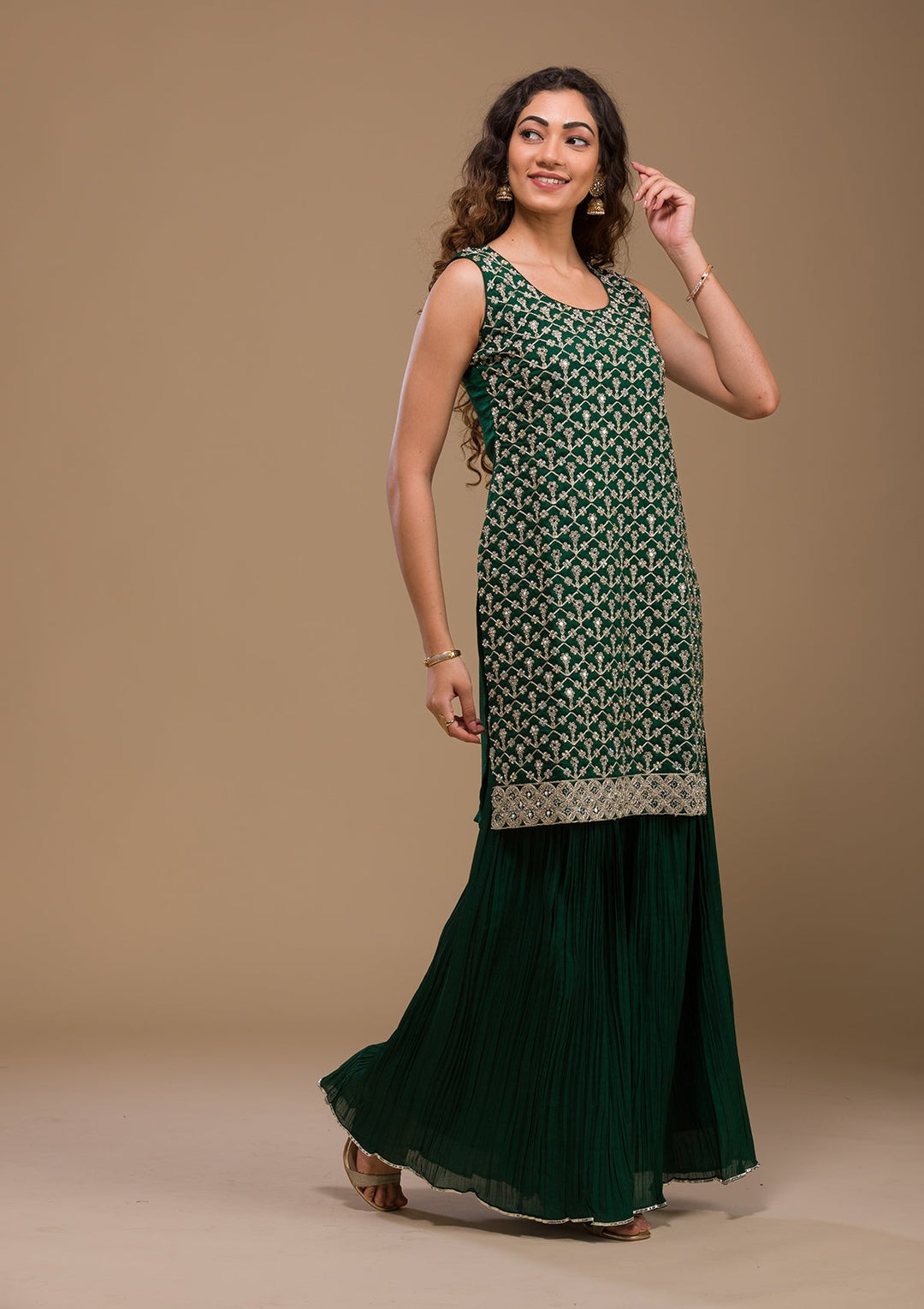 Bottle Green Zariwork Raw Silk Readymade Salwar Kameez-Koskii