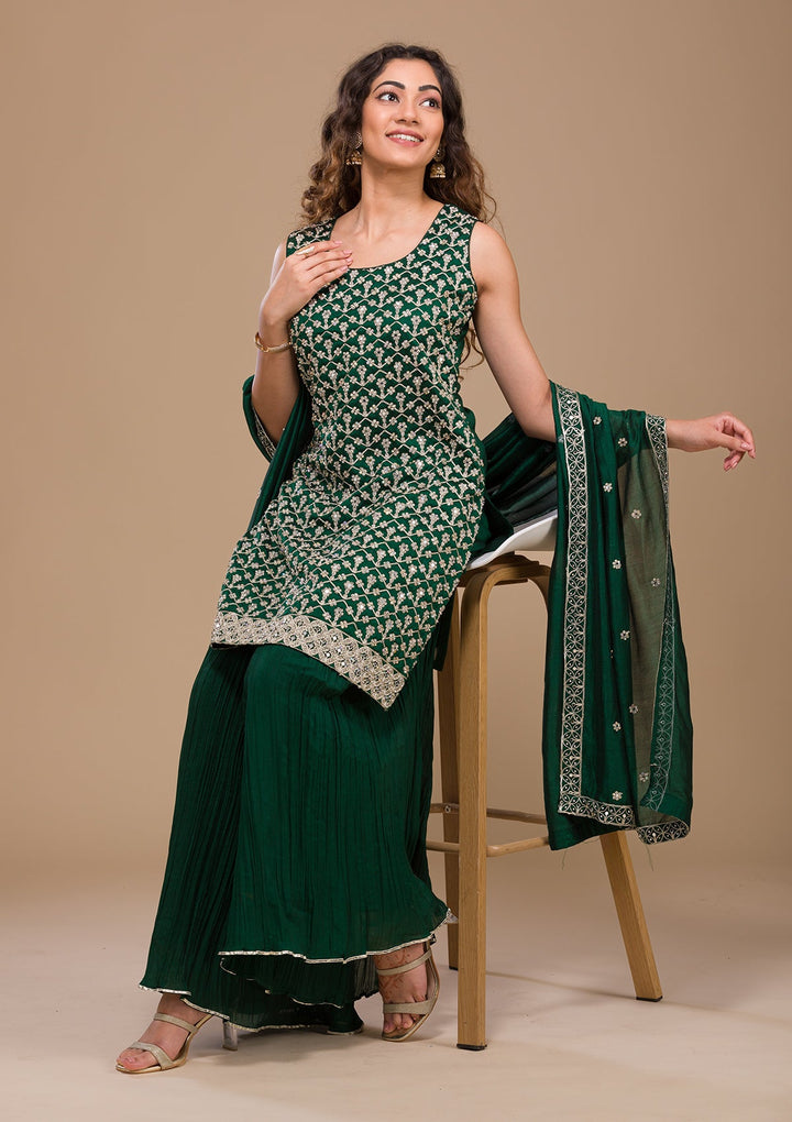 Bottle Green Zariwork Raw Silk Readymade Salwar Kameez-Koskii