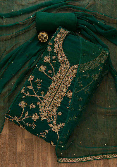 Bottle Green Stonework Crepe Unstitched Salwar Kameez-Koskii