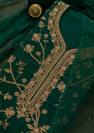Bottle Green Stonework Crepe Unstitched Salwar Kameez-Koskii