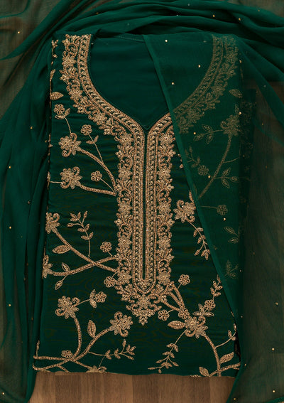 Bottle Green Stonework Crepe Unstitched Salwar Kameez-Koskii