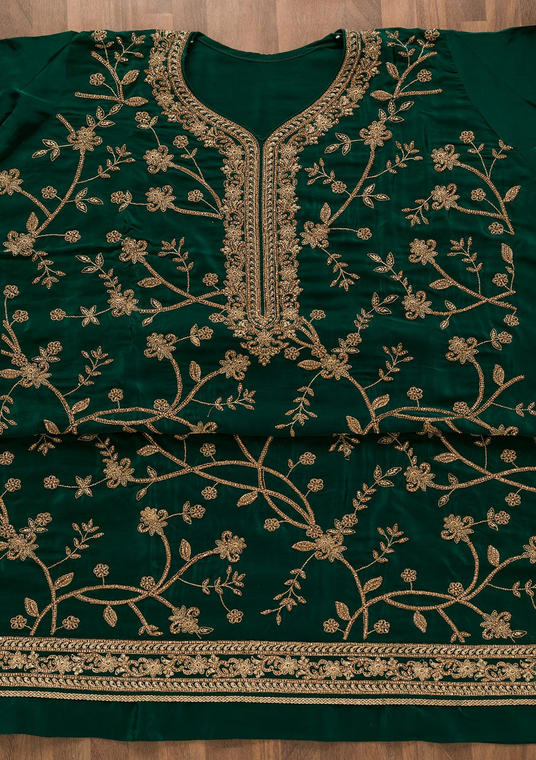 Bottle Green Stonework Crepe Unstitched Salwar Kameez-Koskii