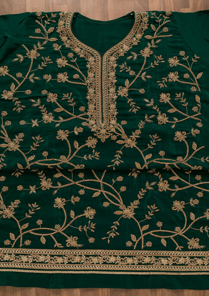 Bottle Green Stonework Crepe Unstitched Salwar Kameez-Koskii