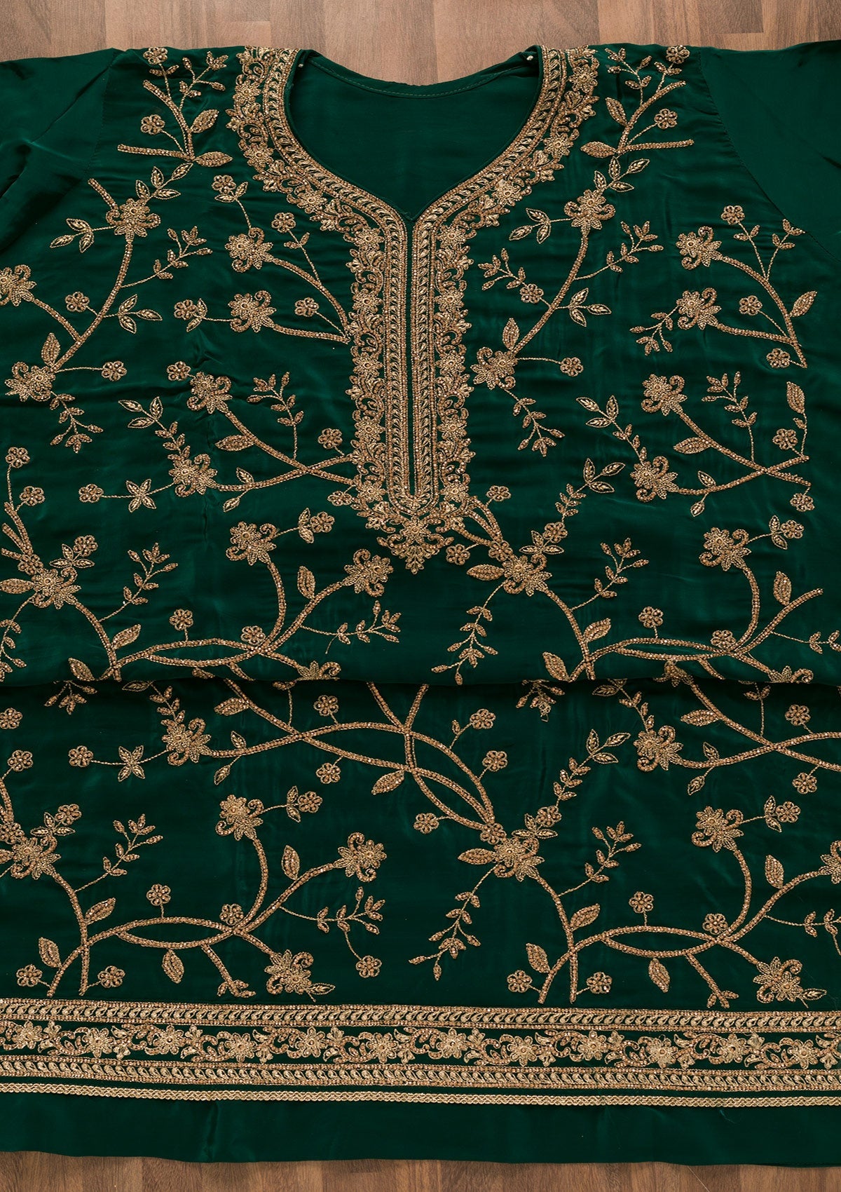 Bottle Green Stonework Crepe Unstitched Salwar Kameez-Koskii
