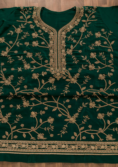 Bottle Green Stonework Crepe Unstitched Salwar Kameez-Koskii