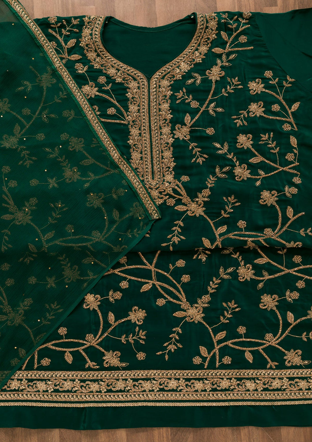 Bottle Green Stonework Crepe Unstitched Salwar Kameez-Koskii