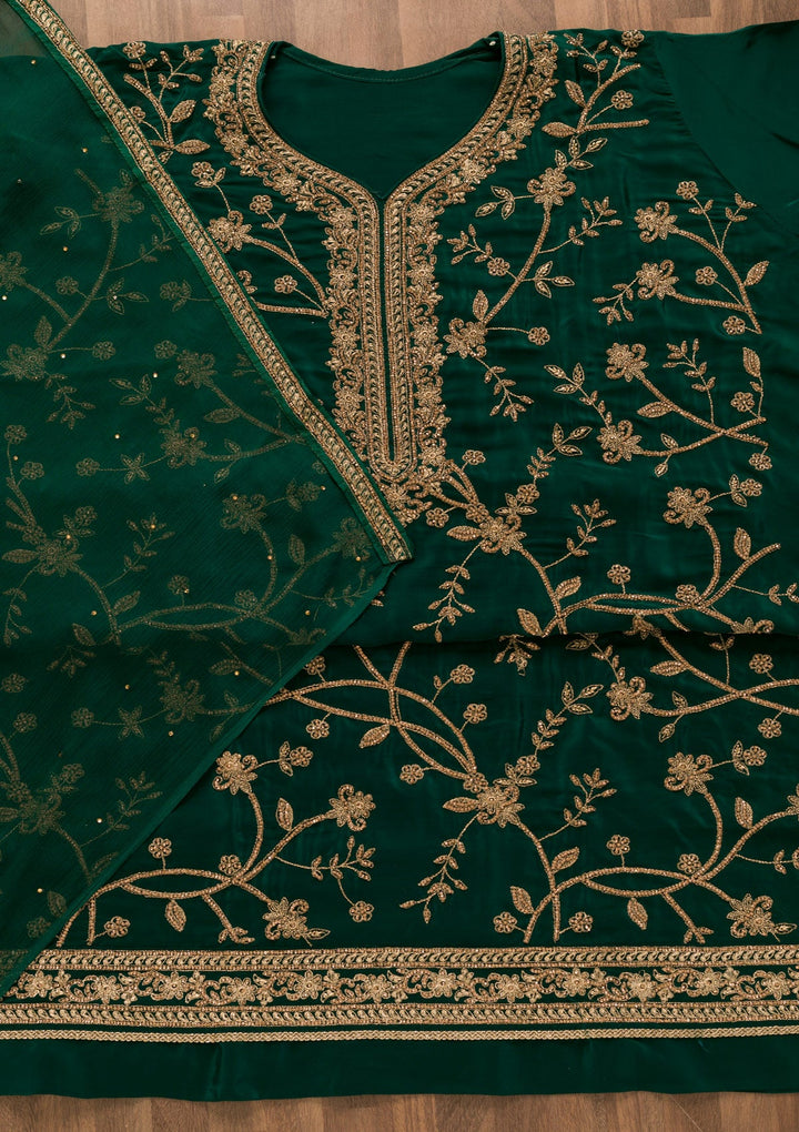 Bottle Green Stonework Crepe Unstitched Salwar Kameez-Koskii