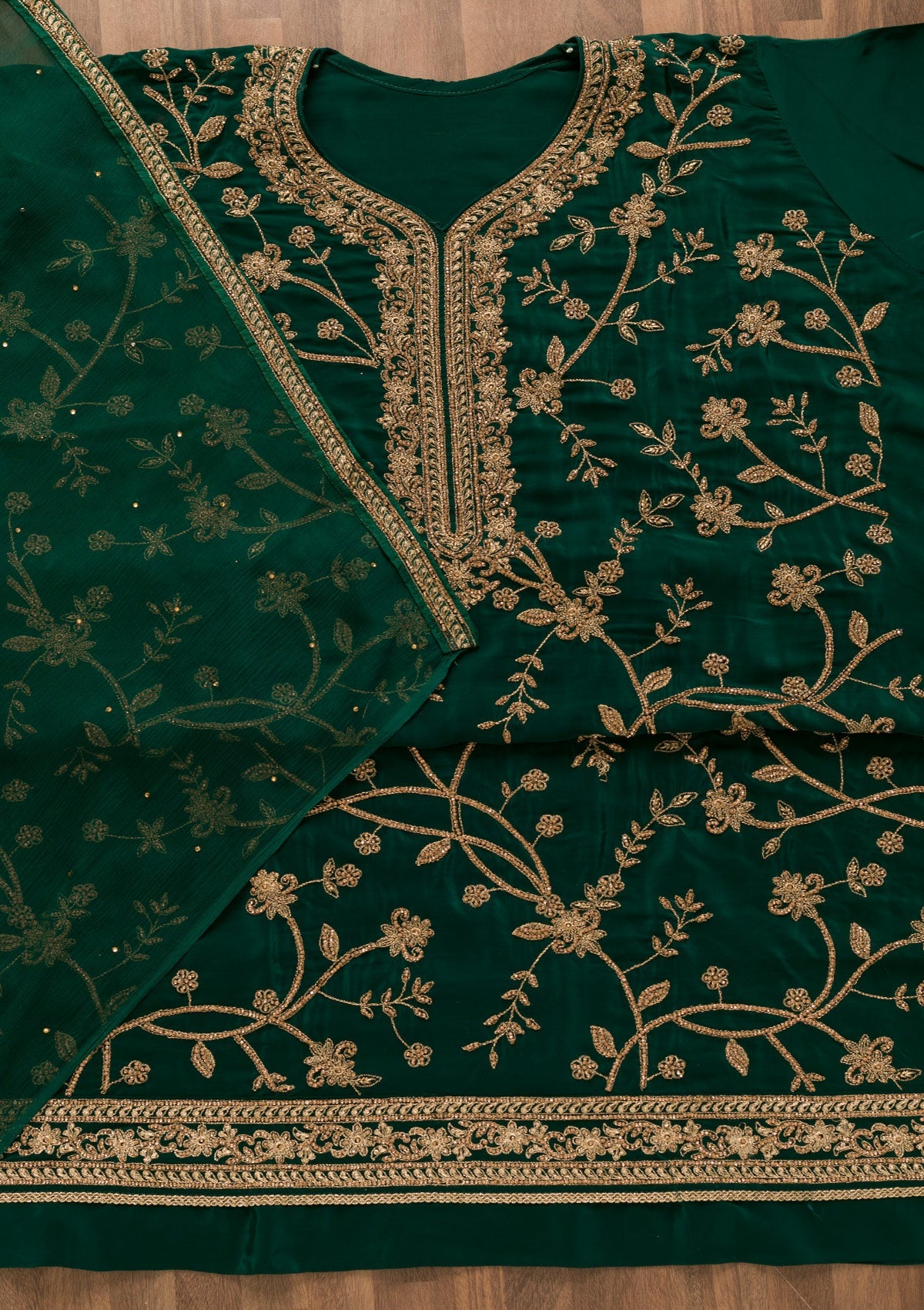 Bottle Green Stonework Crepe Unstitched Salwar Kameez-Koskii