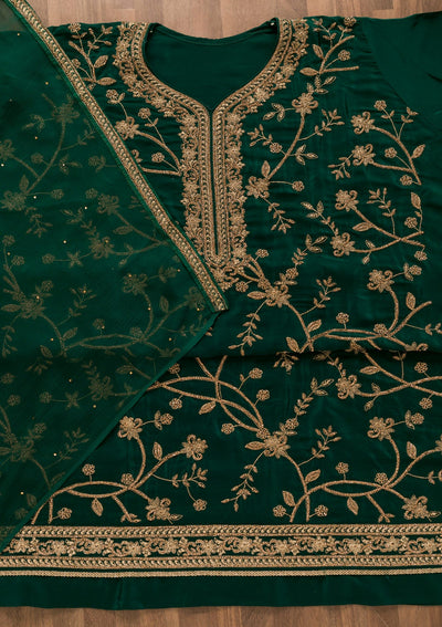 Bottle Green Stonework Crepe Unstitched Salwar Kameez-Koskii