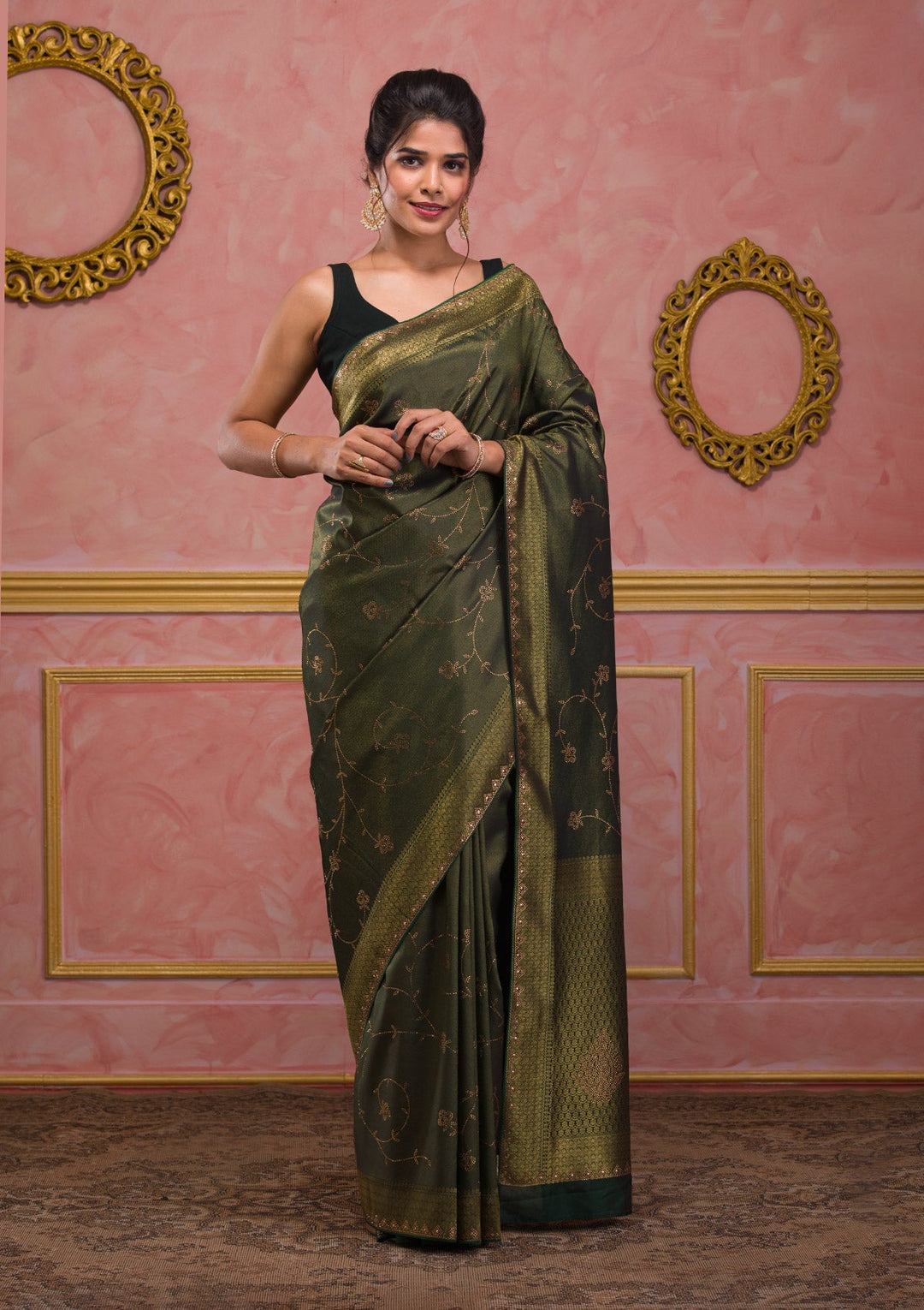 Bottle Green Swarovski Art Silk Saree-Koskii