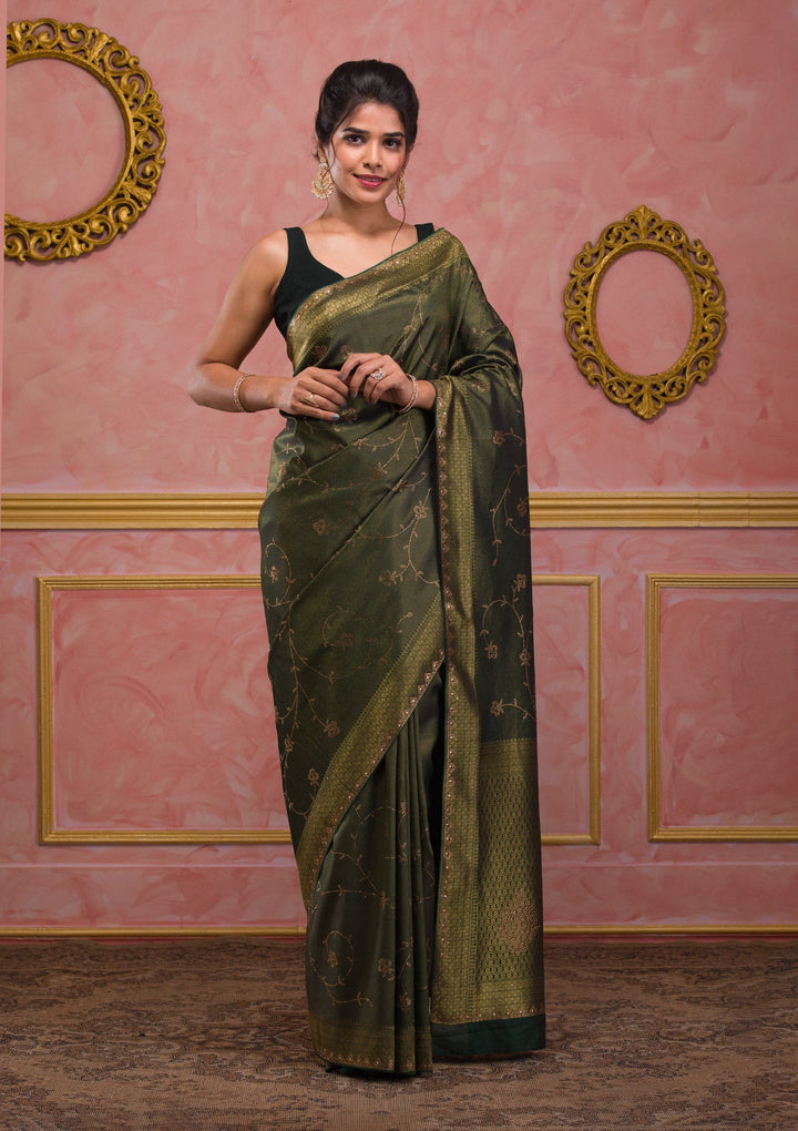 Bottle Green Swarovski Art Silk Saree-Koskii