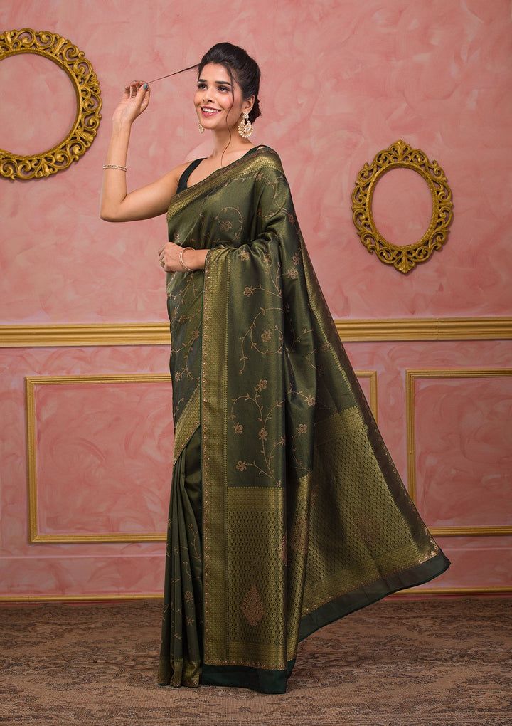 Bottle Green Swarovski Art Silk Saree-Koskii