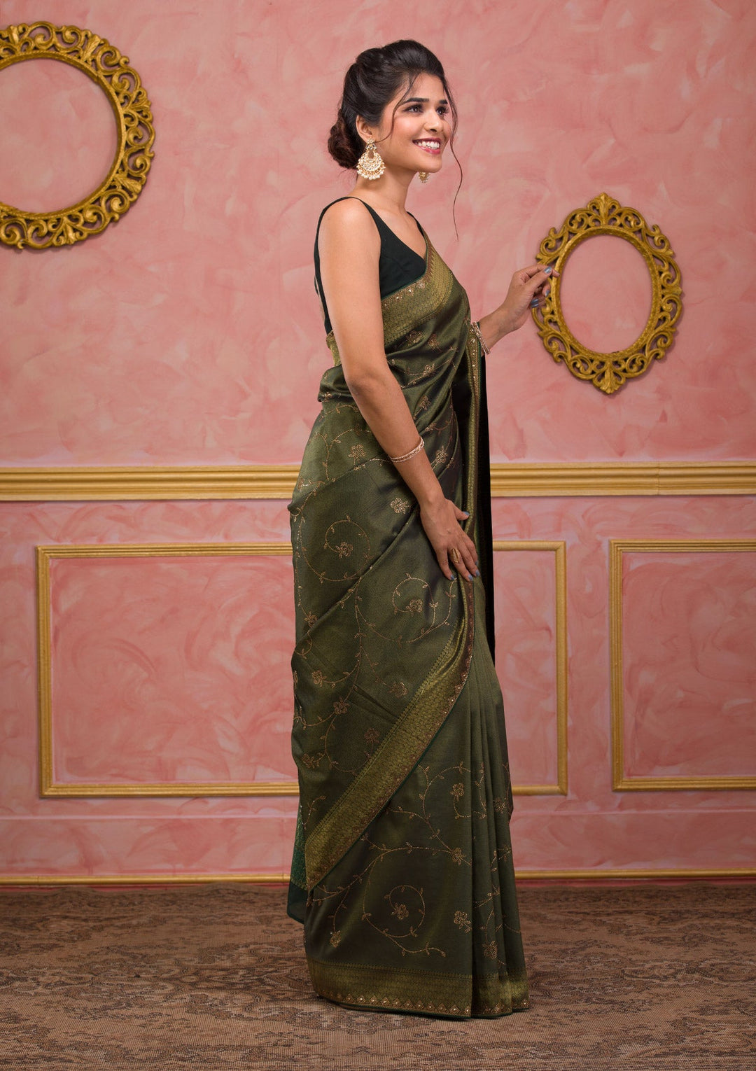 Bottle Green Swarovski Art Silk Saree-Koskii