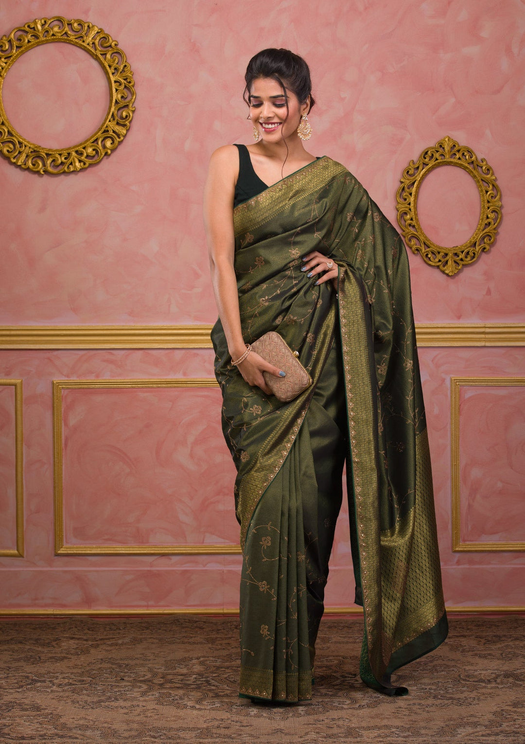 Bottle Green Swarovski Art Silk Saree-Koskii