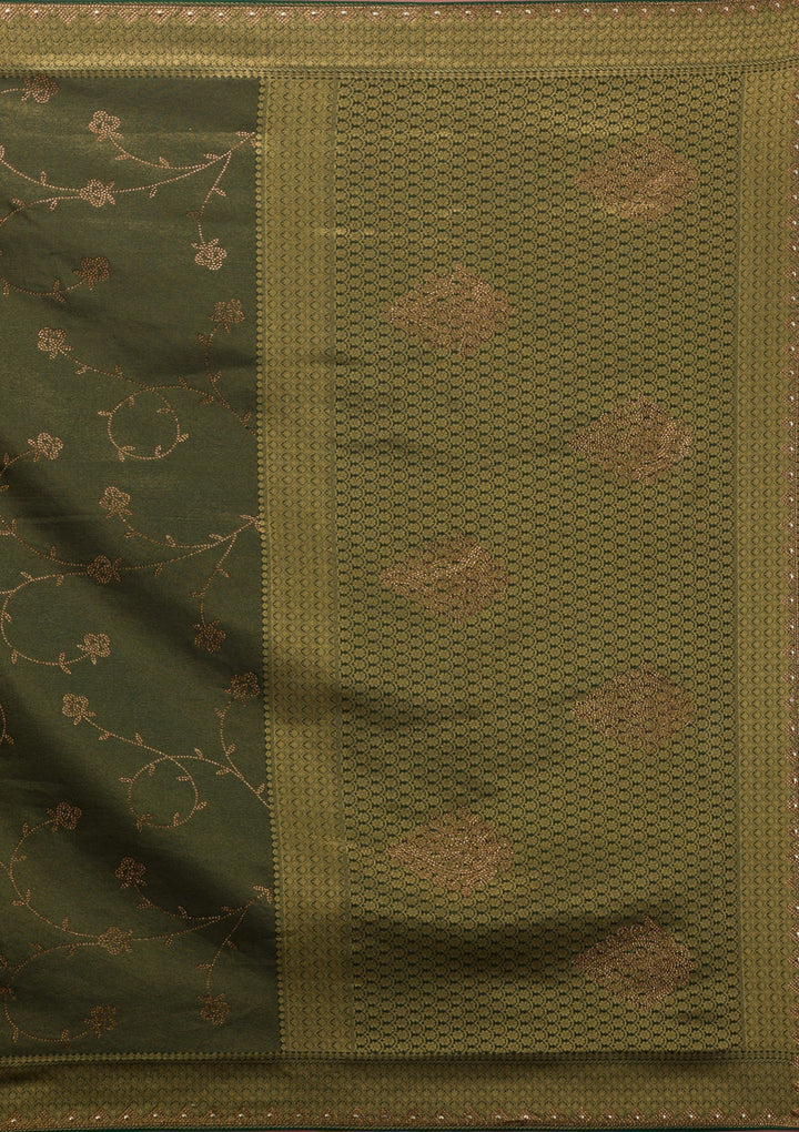 Bottle Green Swarovski Art Silk Saree-Koskii