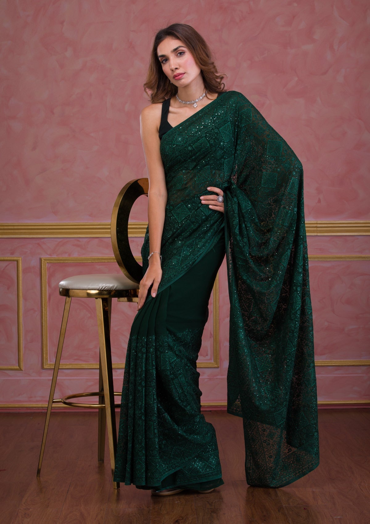 Bottle Green Swarovski Georgette Designer Saree-Koskii