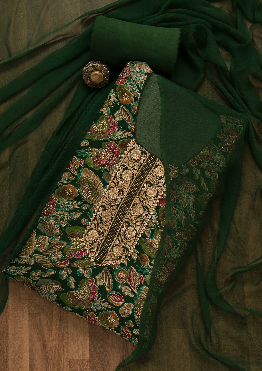 Bottle Green Swarovski Semi Crepe Unstitched Salwar Kameez-Koskii