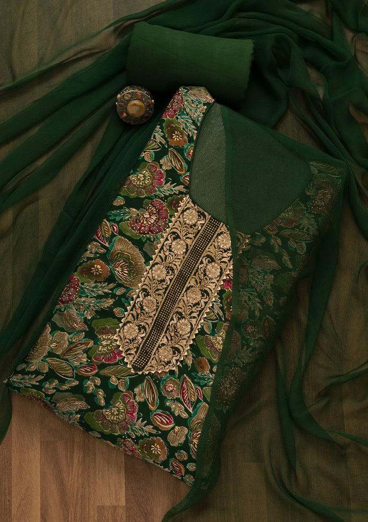 Bottle Green Swarovski Semi Crepe Unstitched Salwar Kameez-Koskii
