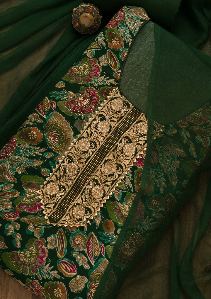 Bottle Green Swarovski Semi Crepe Unstitched Salwar Kameez-Koskii