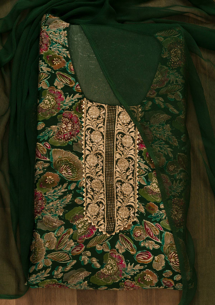 Bottle Green Swarovski Semi Crepe Unstitched Salwar Kameez-Koskii