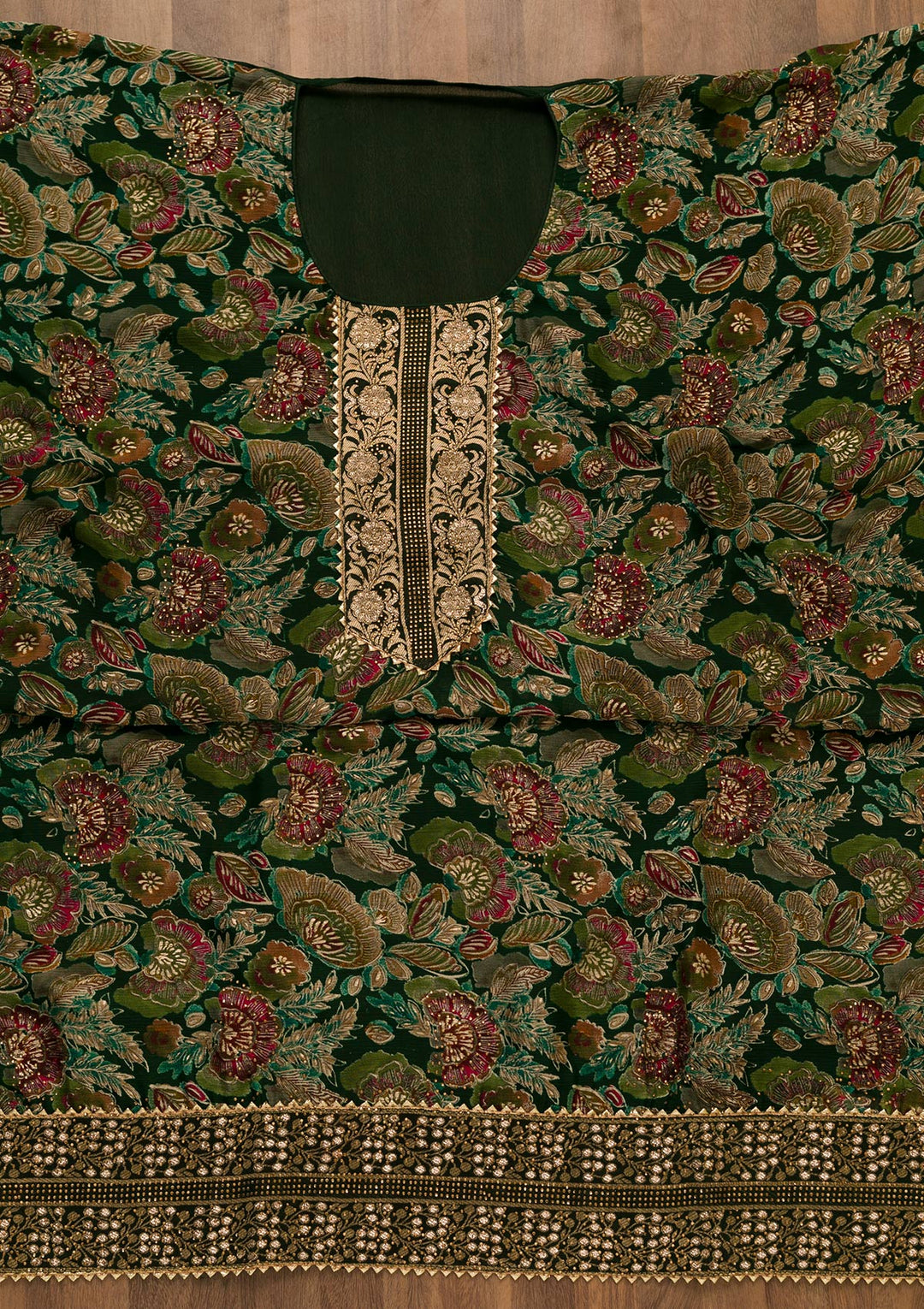 Bottle Green Swarovski Semi Crepe Unstitched Salwar Kameez-Koskii