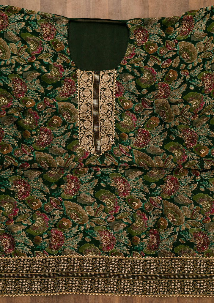 Bottle Green Swarovski Semi Crepe Unstitched Salwar Kameez-Koskii