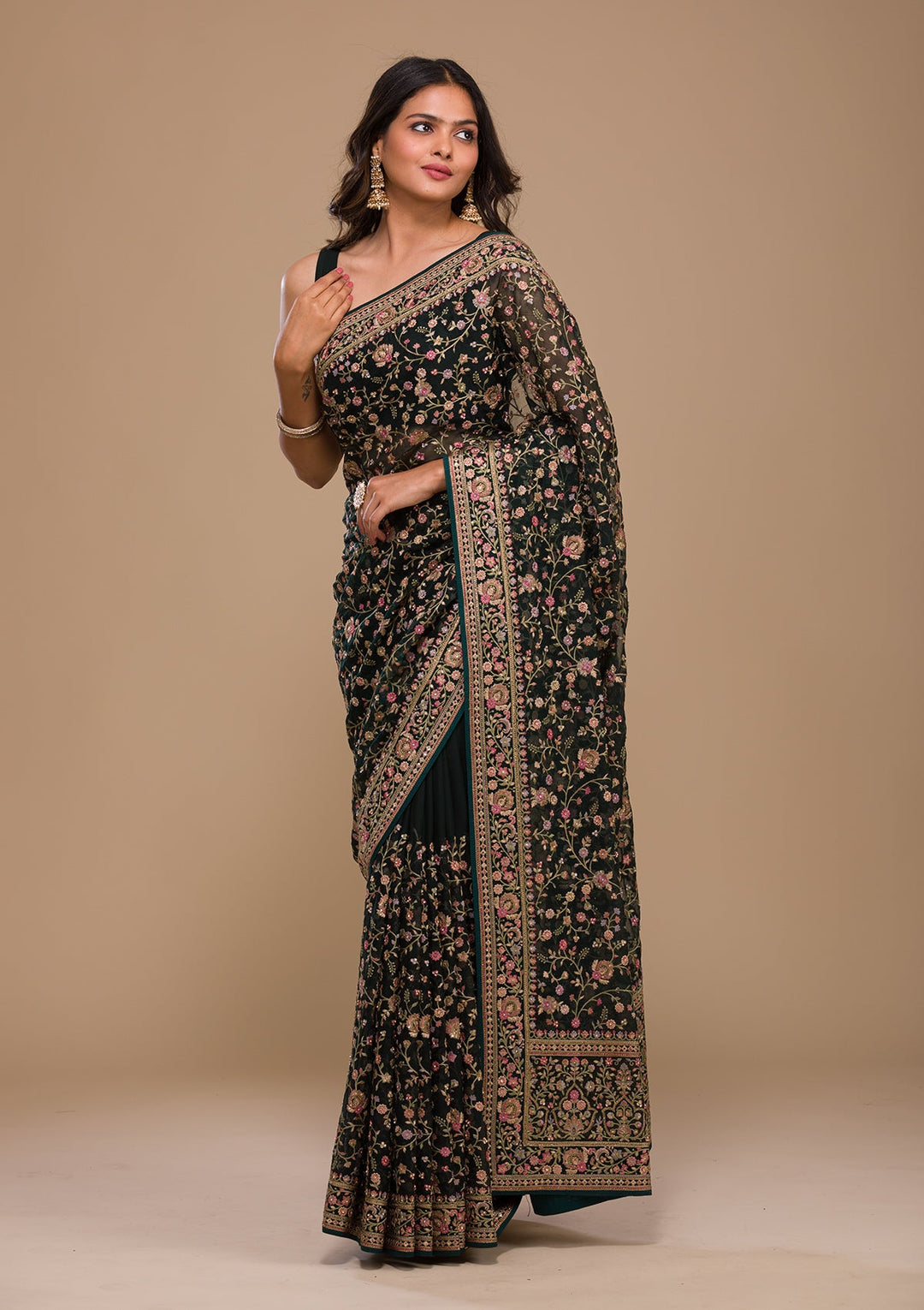 Bottle Green Threadwork Georgette Saree-Koskii