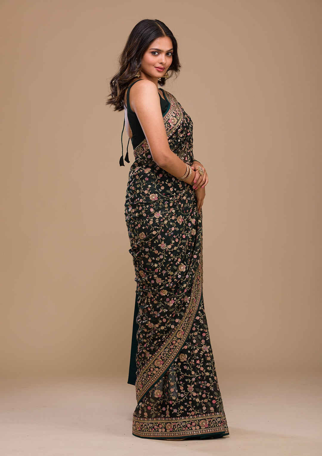 Bottle Green Threadwork Georgette Saree-Koskii