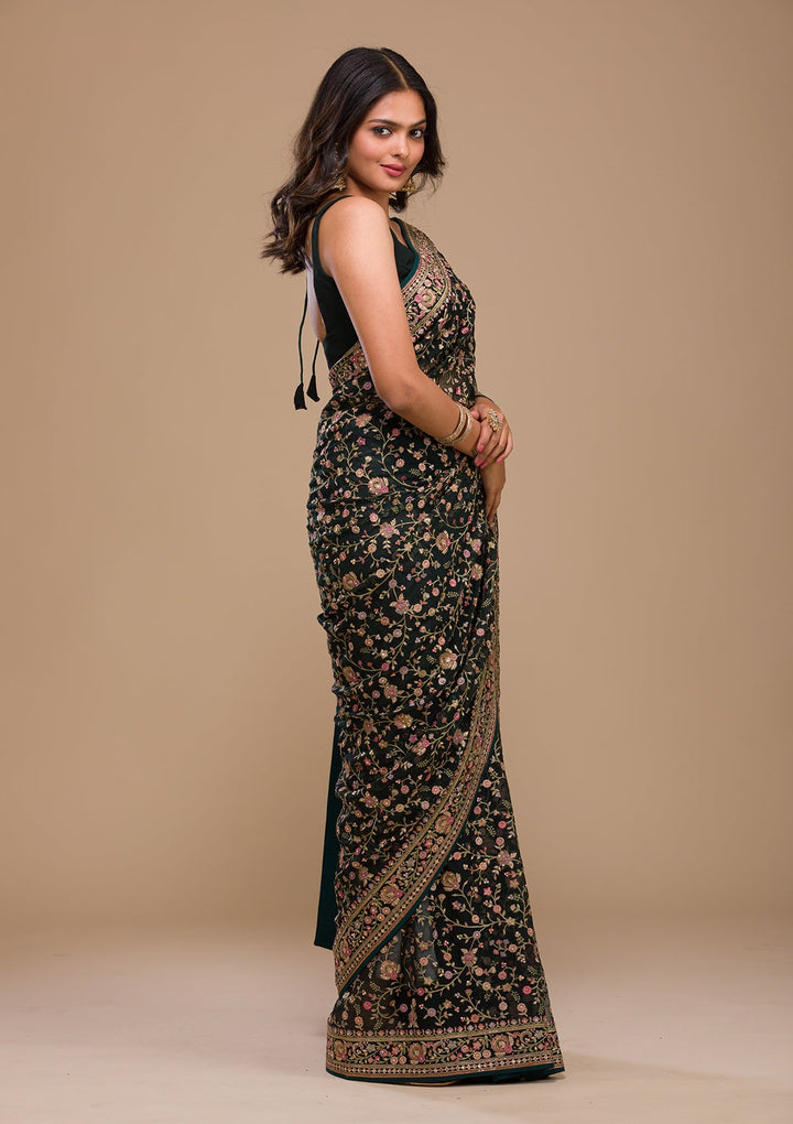 Bottle Green Threadwork Georgette Saree-Koskii