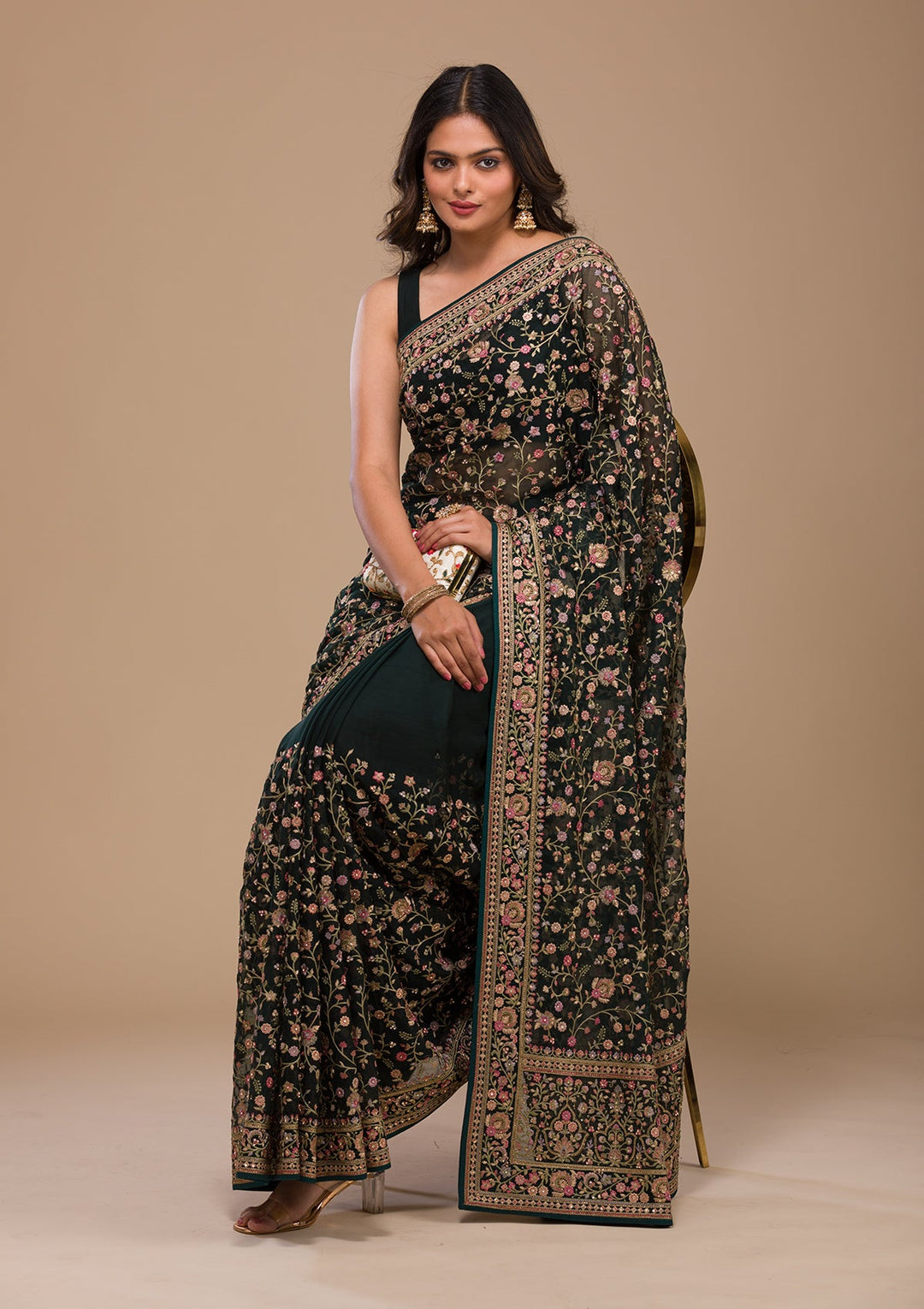 Bottle Green Threadwork Georgette Saree-Koskii