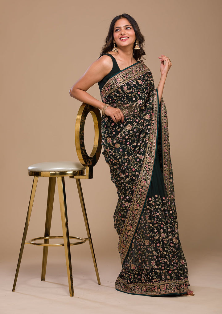 Bottle Green Threadwork Georgette Saree-Koskii