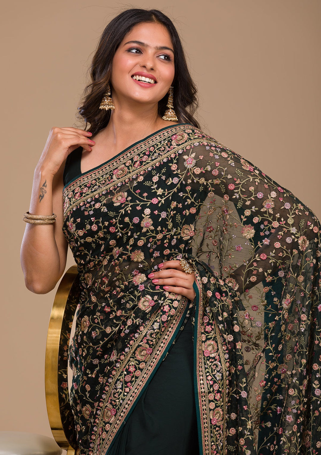 Bottle Green Threadwork Georgette Saree-Koskii