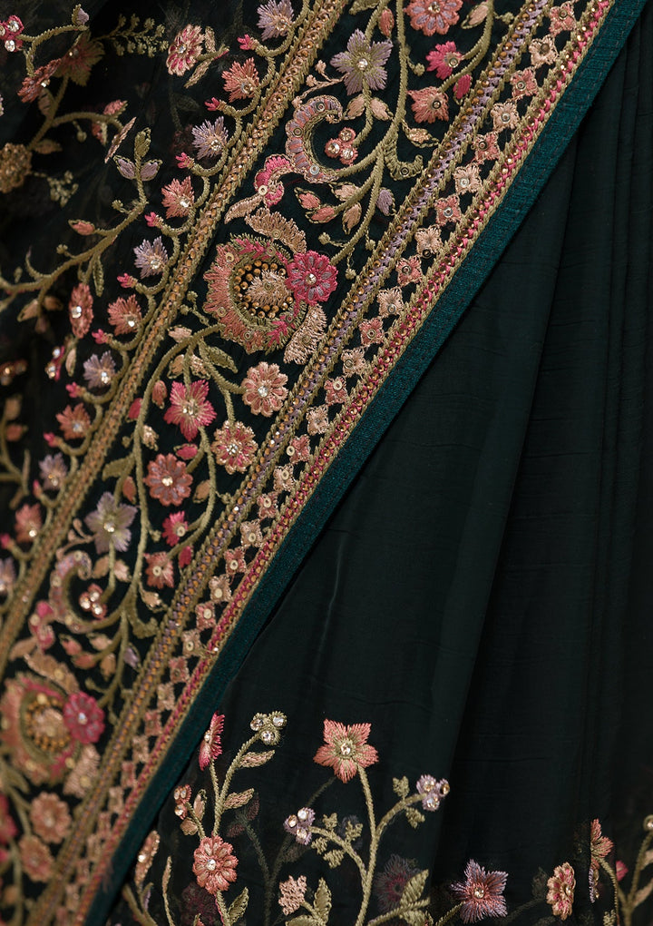 Bottle Green Threadwork Georgette Saree-Koskii