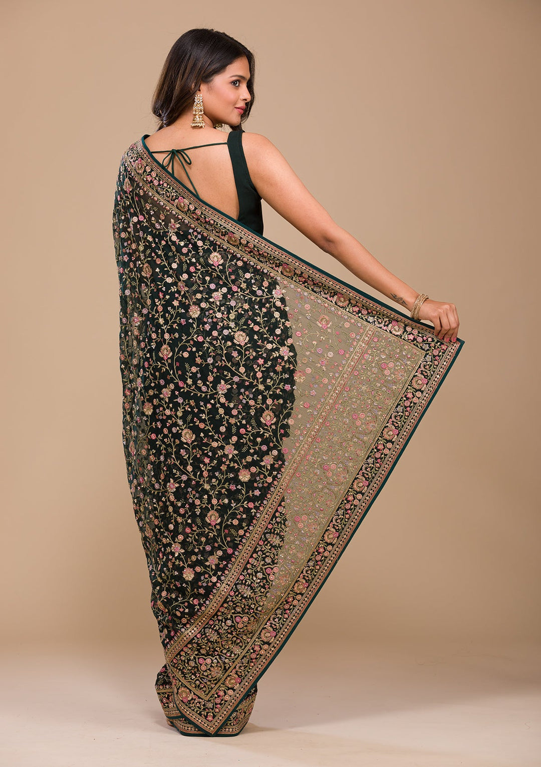 Bottle Green Threadwork Georgette Saree-Koskii