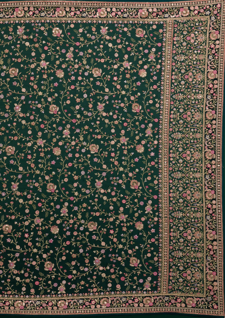 Bottle Green Threadwork Georgette Saree-Koskii