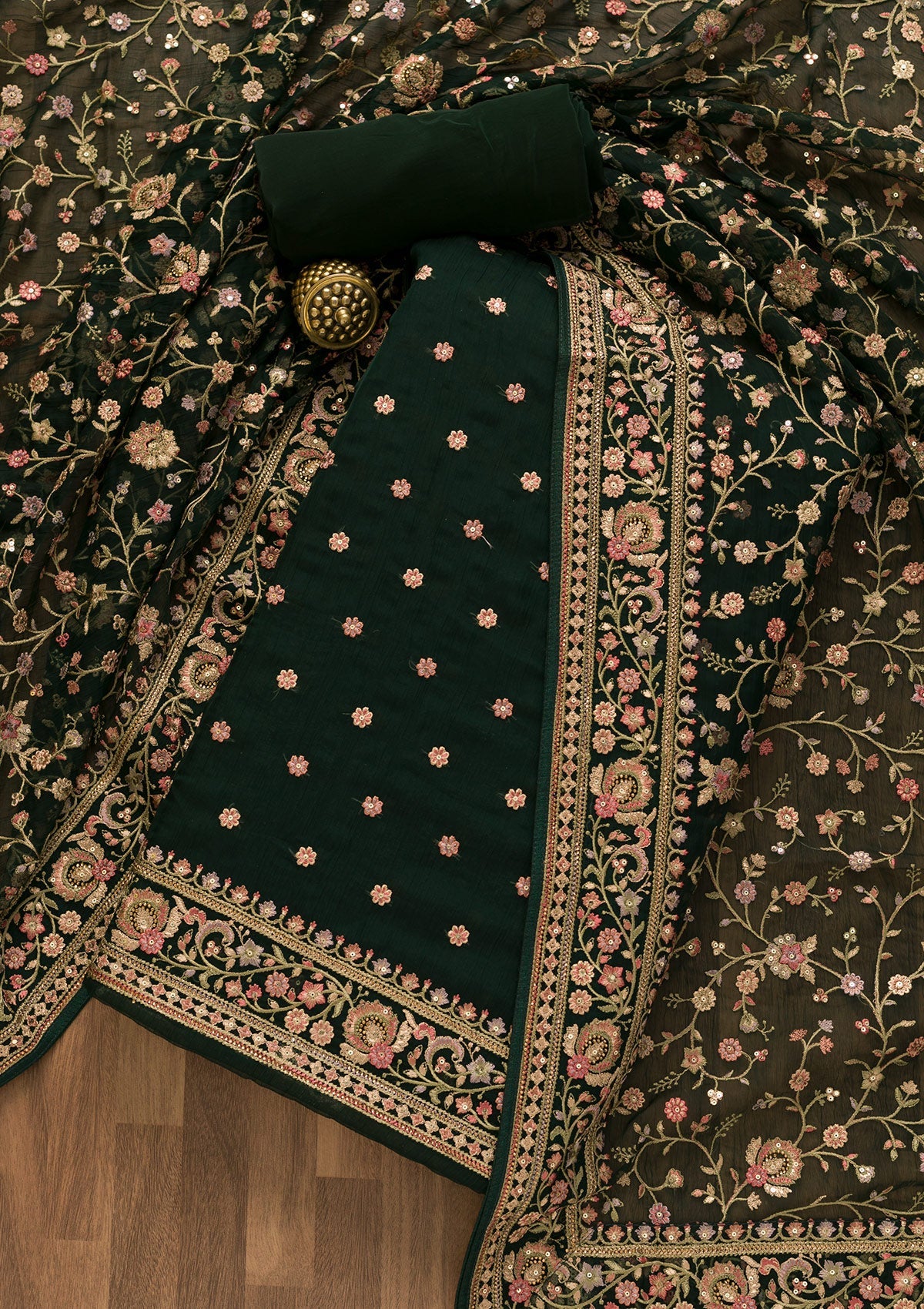 Bottle Green Threadwork Organza Unstitched Salwar Suit-Koskii