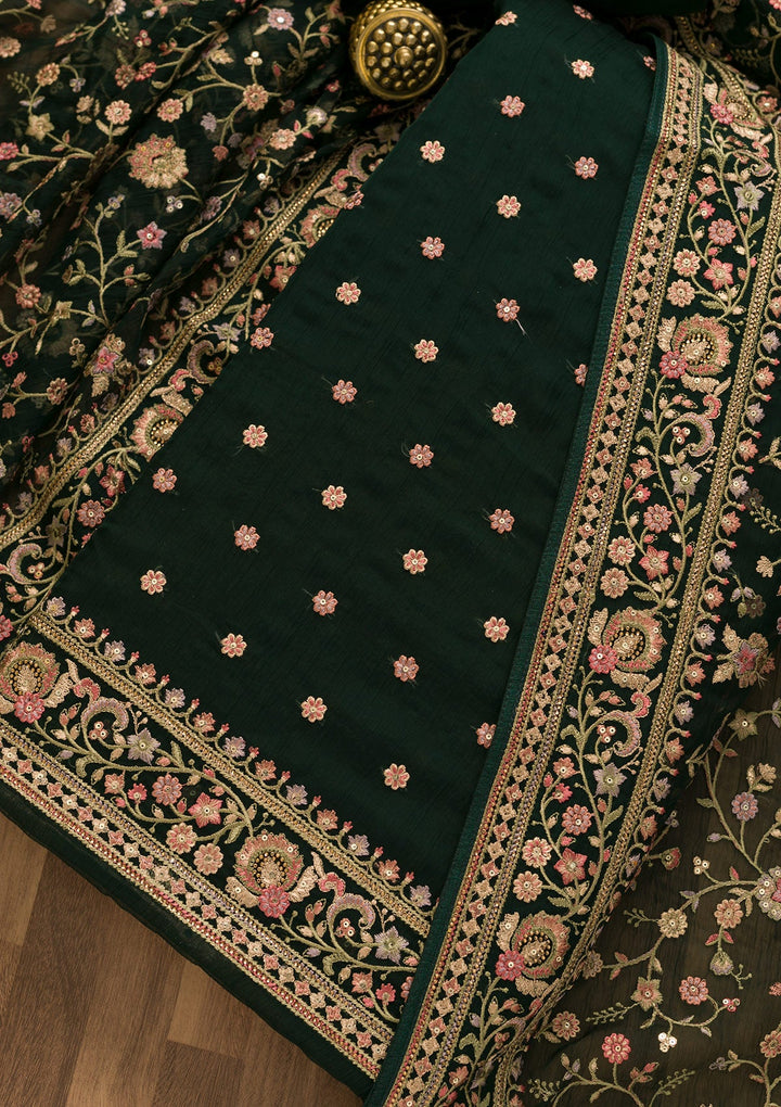 Bottle Green Threadwork Organza Unstitched Salwar Suit-Koskii